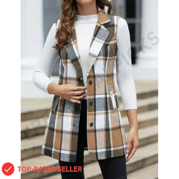 Sleeveless Wool Plaid Vest Classic Chic Slim Fit Fall Winter Outerwear - Picture 3 of 7